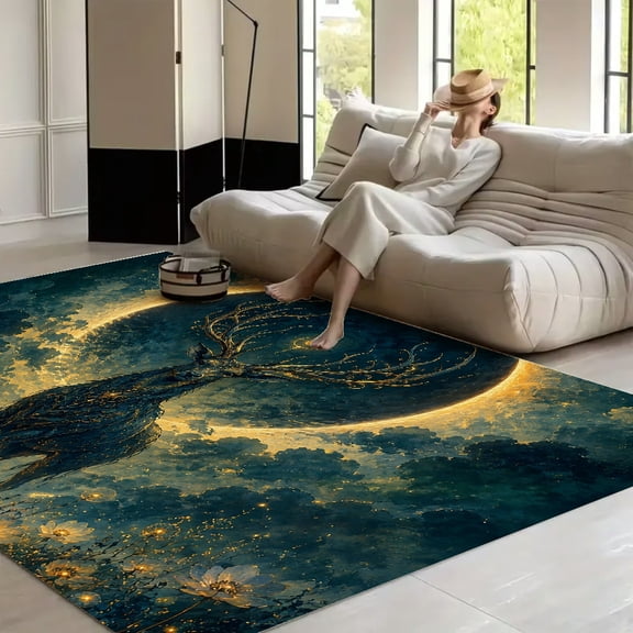 RKSupls Eclipse Stag Golden Meadow Soft Fluffy Velvet Area Rug for Living Room Bedroom, Non-Slip Washable Carpet, Modern Minimalist Home Decor Floor Mat