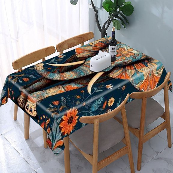 RKSupls Elephant Floral Pattern Rectangle Dining Tablecloth, Washable Wipeable Stain & Wrinkle Resistant Polyester Tablecloth for Kitchen Picnic Party