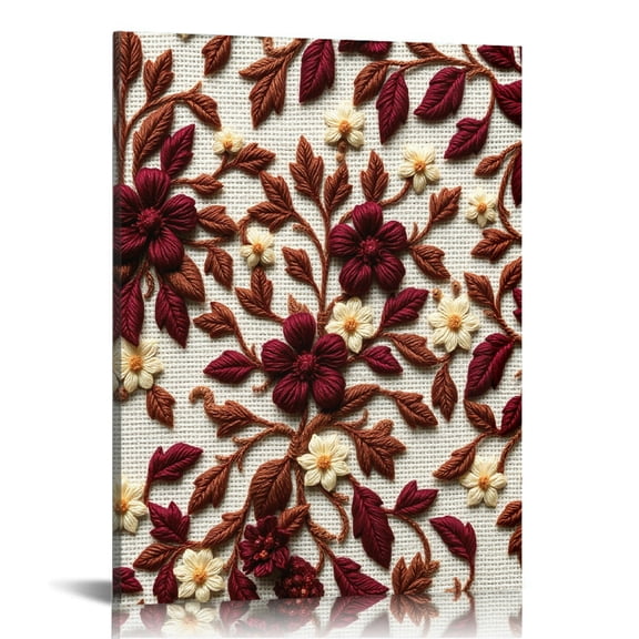 RKSupls Embroidered Burgundy Floral Canvas Wall Art, Canvas Prints Wall Art for Living Room Bedroom Entryway Office, Art Print Painting for Home Decor
