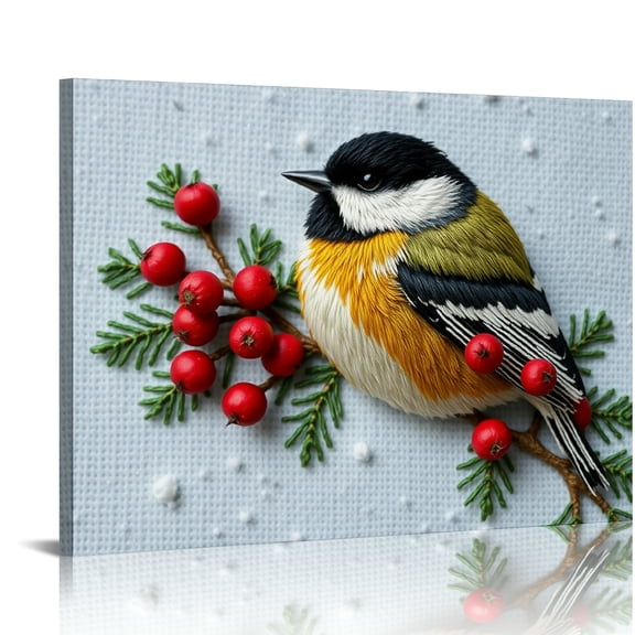 RKSupls Embroidered Chickadee Berry Canvas Wall Art, Cozy Winter Textile Wall Decor Print, Modern Artwork for Living Room Bedroom Office Home Decor,16x12in