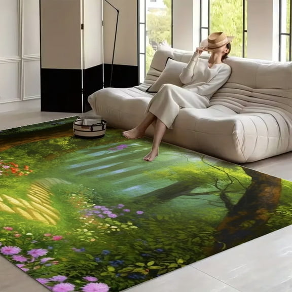 RKSupls Enchanted Forest Path Flowers Green Fantasy Art  Soft Fluffy Velvet Area Rug   for Living Room Bedroom, Non-Slip Washable Carpet, Modern Minimalist Home Decor Floor Mat