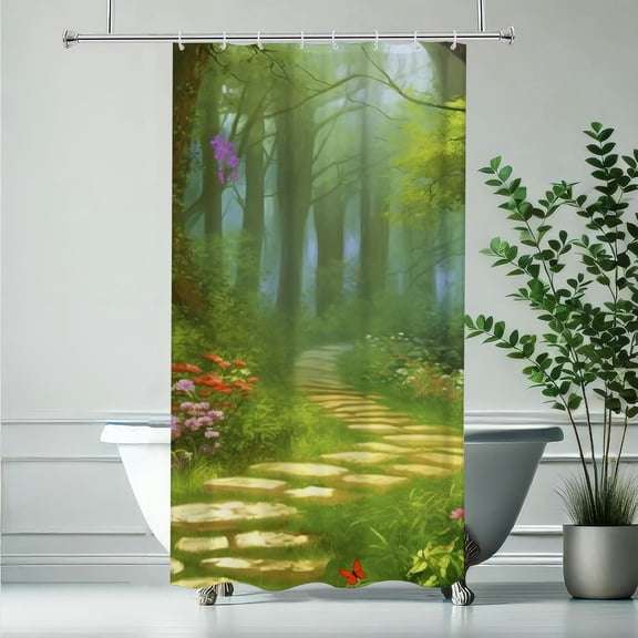 RKSupls Enchanted Forest Path Flowers Green Fantasy Art Waterproof Shower Curtain  Polyester Shower Curtain with Hooks for Chic Elegant Home Bathtub Bathroom Decor Washable
