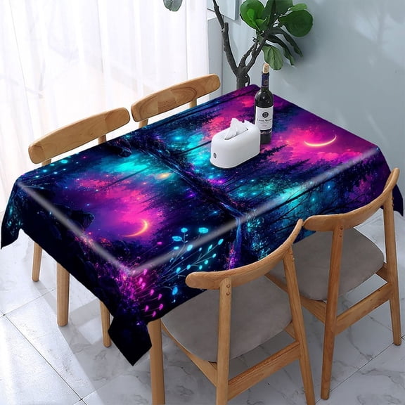 RKSupls Enchanted Moonlit Forest Pond Rectangle Dining Tablecloth, Washable Wipeable Stain & Wrinkle Resistant Polyester Tablecloth for Kitchen Picnic Party