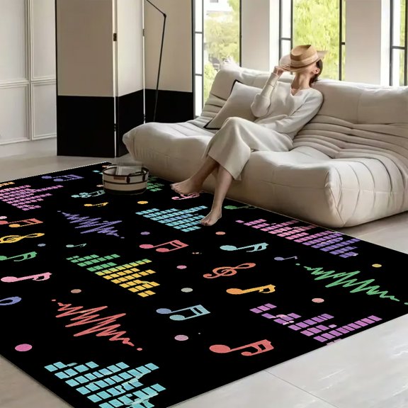 RKSupls Equalizer Music Notes Waveform Black Pattern  Soft Fluffy Velvet Area Rug   for Living Room Bedroom, Non-Slip Washable Carpet, Modern Minimalist Home Decor Floor Mat