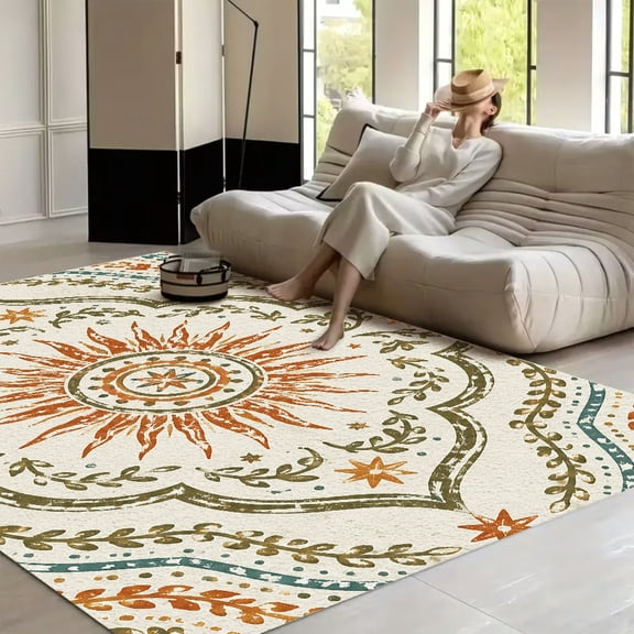 RKSupls Ethnic Sun Mandala Pattern Ornate Soft Fluffy Velvet Area Rug for Living Room Bedroom, Non-Slip Washable Carpet, Chic Minimalist Home Decor
