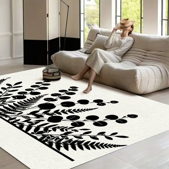 RKSupls Eucalyptus Fern Silhouette Border  Soft Fluffy Velvet Area Rug   for Living Room Bedroom, Non-Slip Washable Carpet, Modern Minimalist Home Decor Floor Mat