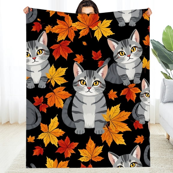 RKSupls Fall Tabby Cat Pattern Soft Flannel Throw Blanket, Lightweight Fuzzy Warm Cozy Blanket for Couch Bed Home Travel Decor