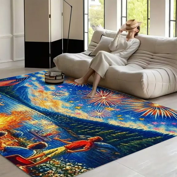 RKSupls Family Fireworks Lake Bonfire Night  Soft Fluffy Velvet Area Rug   for Living Room Bedroom, Non-Slip Washable Carpet, Modern Minimalist Home Decor Floor Mat