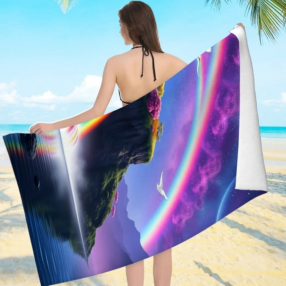 RKSupls Fantasy Waterfall Rainbow Moon Starry Sky Microfiber Beach Towel, Extra Large Quick Dry Lightweight Towel for Travel Swimming Camping, Soft Super Absorbent- 55.1x27.6in