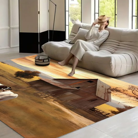 RKSupls 4x3ft Farm Sunset Barn Cows Pasture Soft Fluffy Velvet Area Rug for Living Room Bedroom, Non-Slip Washable Carpet, Chic Minimalist Home Decor