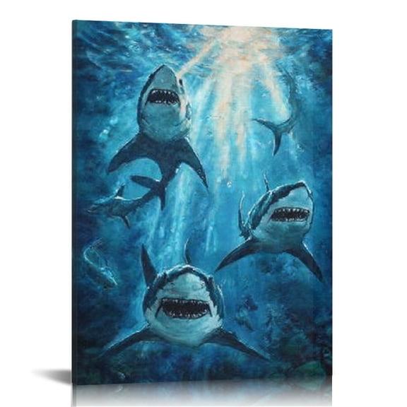 RKSupls Fierce Sharks Underwater Canvas Wall Art, Canvas Prints Wall Art for Living Room Bedroom Entryway Office, Art Print Painting for New Year Home Decorations,12x16in