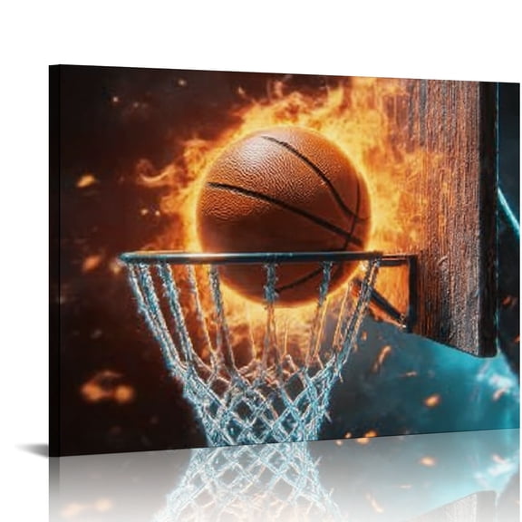 RKSupls Fiery Basketball Canvas Wall Art, Dynamic Sports Wall Decor Print, Modern Artwork for Living Room Bedroom Office Home Decor