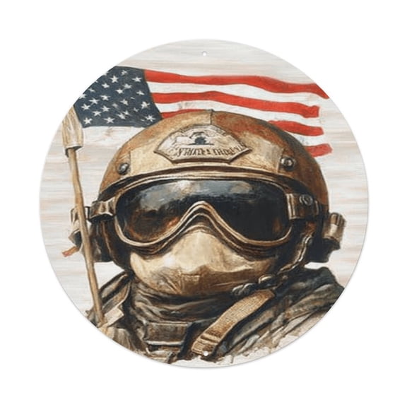 RKSupls Firefighter Helmet American Flag 7.9x7.9in Round Aluminum Plaque Wall Art, UV Printed Vintage Metal Sign with Pre-Drilled Holes for Home Bar Garage Cafe Decor