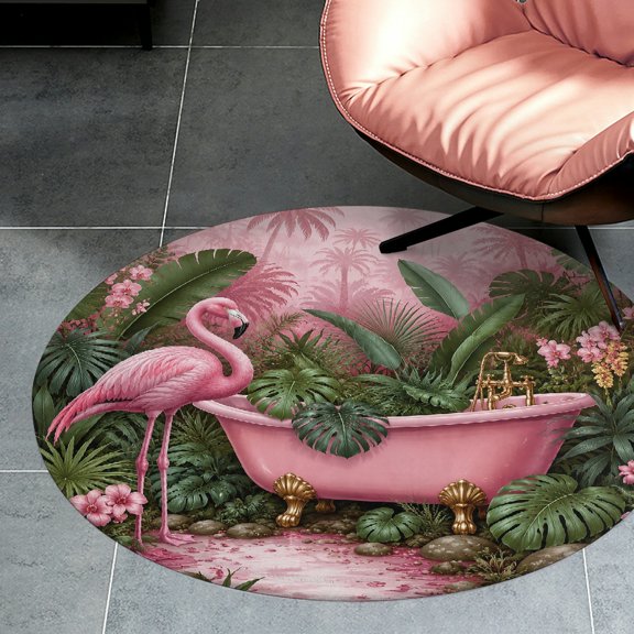 RKSupls Flamingo Pink Bathtub Tropical Orchid   Round Flannel Floor Mat, Soft Non-Slip Washable Rug  suitable for Living Room Bedroom Study, Decorative Floor Rug