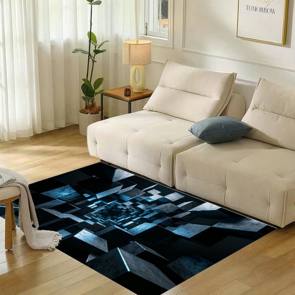 RKSupls Floating Concrete Cubes Abstract Soft Flannel Area Rug 71x47 Inch Non-Slip Floor Mat for Living Room Bedroom, Warm Fuzzy Carpet for Winter Holiday Decor