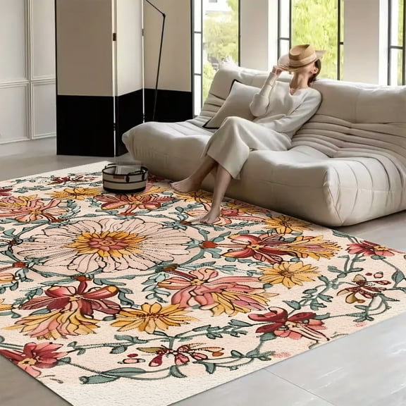 RKSupls Floral Circular Pattern Vintage Soft Fluffy Velvet Area Rug for Living Room Bedroom, Non-Slip Washable Carpet, Modern Minimalist Home Decor Floor Mat