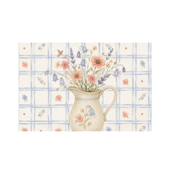 RKSupls Floral Pitcher Bouquet Linen Placemats 30x45cm Straight Edge Stain Resistant Washable Non-Slip Table Mats Table for Kitchen Dining Room Home