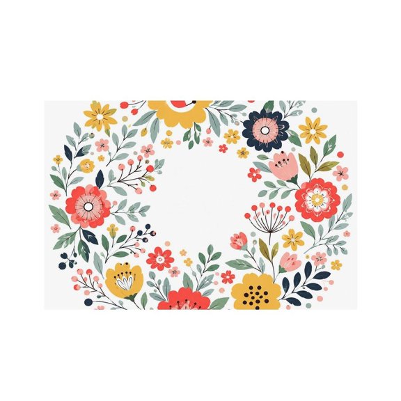 RKSupls Floral Wreath Circle Frame Design Linen Placemats 30x45cm Straight Edge Stain Resistant Washable Non-Slip Table Mats Table for Kitchen Dining Room Home