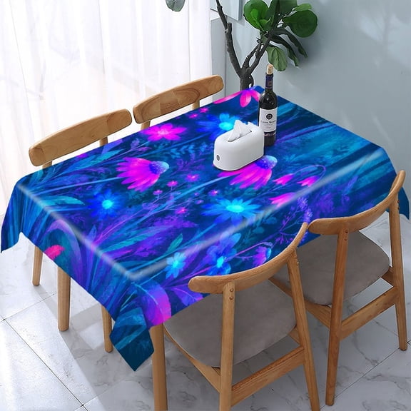 RKSupls Fluorescent Night Flowers Rectangle Dining Tablecloth, Washable Wipeable Stain & Wrinkle Resistant Polyester Tablecloth for Kitchen Picnic Party