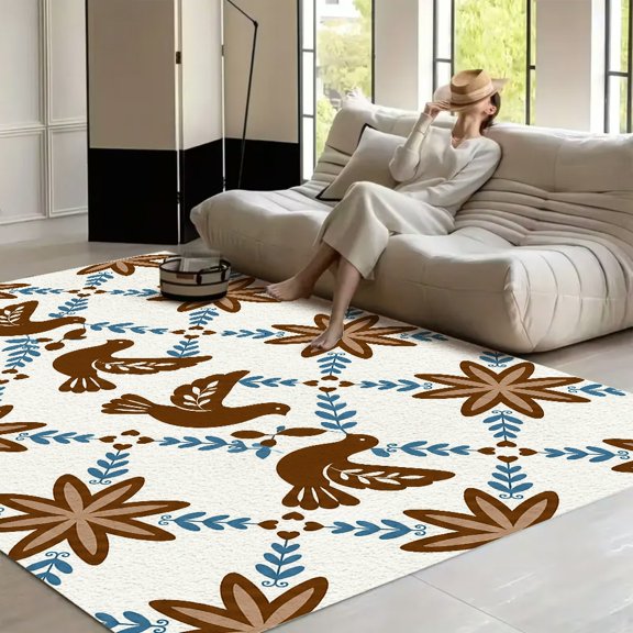 RKSupls Folk Art Dove Pattern Blue Brown Soft Fluffy Velvet Area Rug for Living Room Bedroom, Non-Slip Washable Carpet, Modern Minimalist Home Decor Floor Mat