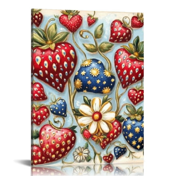 RKSupls Folk Art Strawberry Daisy Canvas Wall Art, Canvas Prints Wall Art for Living Room Bedroom Entryway Office, Art Print Painting for Home Decor