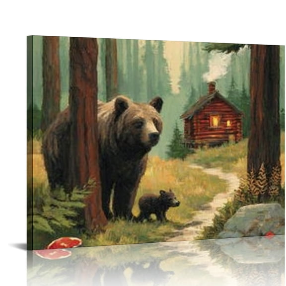 RKSupls Forest Bear Family Canvas Wall Art, Cozy Woodland Wall Decor Print, Modern Artwork for Living Room Bedroom Office Home Decor