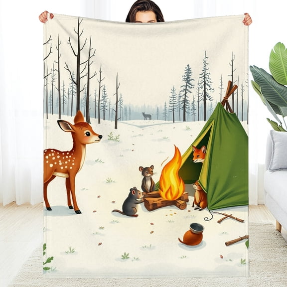 RKSupls Forest Camping Deer Fox Mouse Soft Flannel Throw Blanket, Lightweight Fuzzy Warm Cozy Blanket for Couch Bed Home Travel Decor