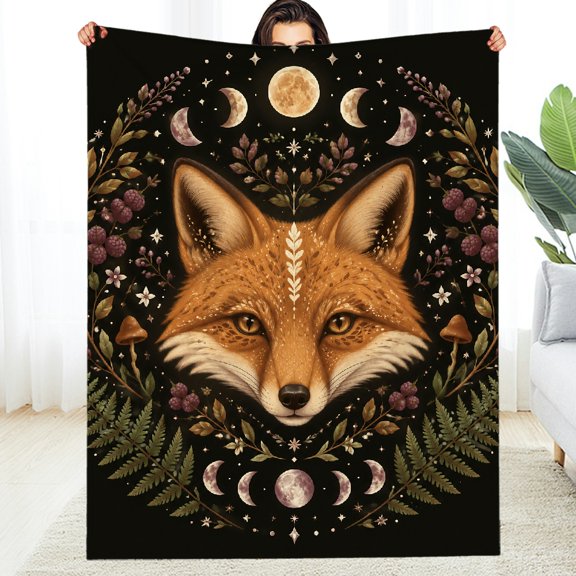 RKSupls Fox Face Moon Stars Floral  Decorative Blanket, All-Season Comfort Lightweight  All-Season Blanket , Soft Throw for Couch, Travel, Camping