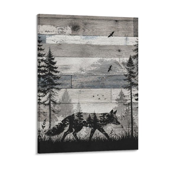 RKSupls Fox In Forest Wood Texture Canvas Wall Art Framed Painting, Modern Home Decor Print for Living Room Bedroom Office Wall Decoration