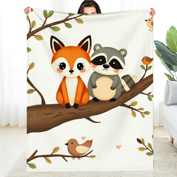 RKSupls Fox Raccoon Cute Cartoon Tree Soft Flannel Throw Blanket, Lightweight Fuzzy Warm Cozy Blanket for Couch Bed Home Travel Decor