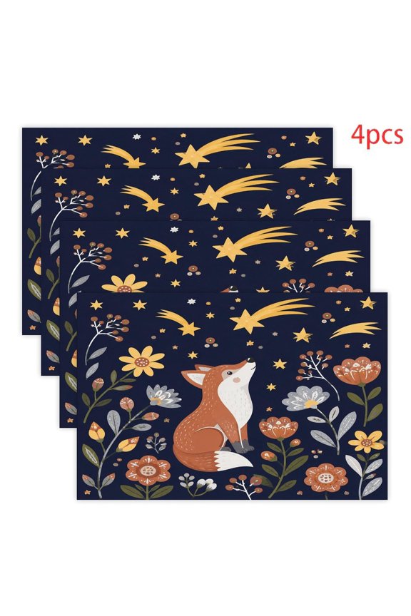 Fox Star Gazing Flower Night Linen Placemats 30x45cm Straight Edge Stain Resistant Washable Non-Slip Table Mats Table for Kitchen Dining Room Home
