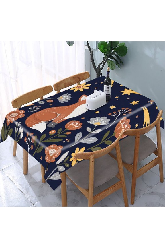 Fox Star Gazing Flower Night Rectangle Dining Tablecloth, Washable Wipeable Stain & Wrinkle Resistant Polyester Tablecloth for Kitchen Picnic Party