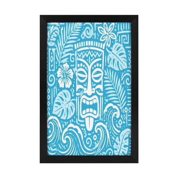 RKSupls Framed Canvas Wall Art Print Painting, Polynesian Tiki Mask Tropical Blue Vertical Frame Ready to Hang for Living Room Bedroom Home Office Decor