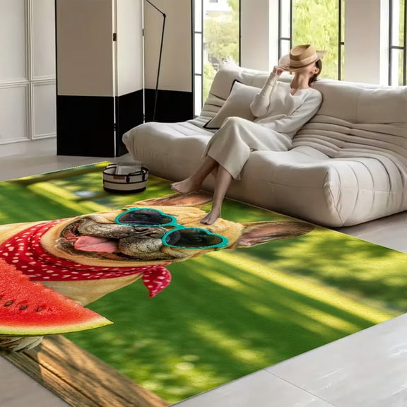 RKSupls French Bulldog with Watermelon Slice Soft Fluffy Velvet Area Rug for Living Room Bedroom, Non-Slip Washable Carpet, Modern Minimalist Home Decor Floor Mat