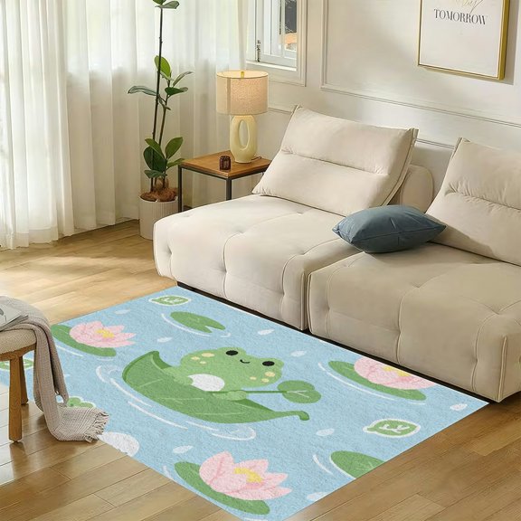RKSupls Frog Leaf Boat Lotus Pond Soft Flannel Area Rug 71x47 Inch, Non-Slip Floor Mat for Living Room Bedroom, Warm Fuzzy Carpet for Winter Holiday Decor
