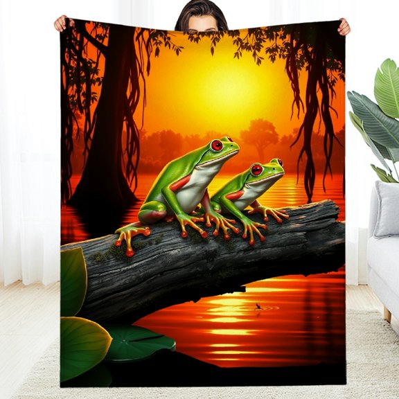 RKSupls Frog Sunset Swamp Wildlife Soft Flannel Throw Blanket, Lightweight Fuzzy Warm Cozy Blanket for Couch Bed Home Travel Decor