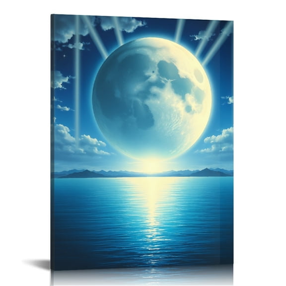 RKSupls Full Moon Lake Reflection Beam Canvas Wall Art, Canvas Prints Wall Art for Living Room Bedroom Entryway Office, Art Print Painting for Home Decor,12x16in
