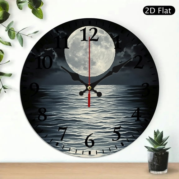 RKSupls Full Moon Ocean Night Round Wooden Wall Clock for Home Decor, Ideal for Living Room, Kitchen, Dorm, Practical Everyday Gifts