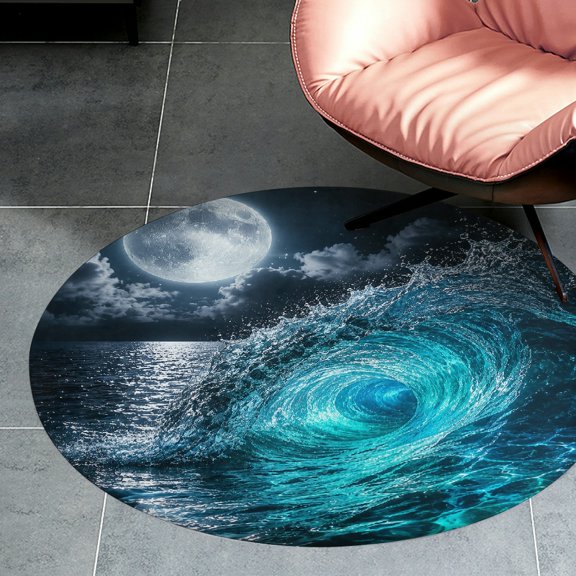 RKSupls Full Moon Ocean Vortex Round Flannel Floor Mat, Soft Non-Slip Washable Rug suitable for Living Room Bedroom Study, Decorative Floor Rug
