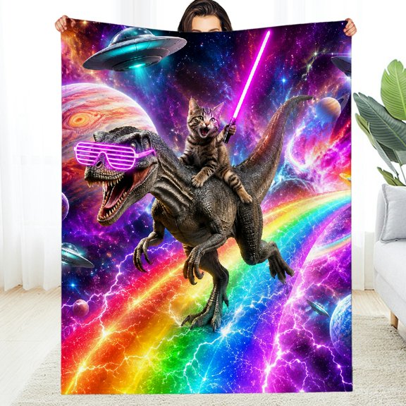 RKSupls  Fuzzy Bedding for the Couch, Cat Riding Dinosaur Space Soft Flannel Fleece Blanket - Tear-Resistant Soft Soft Throw for Couch, Travel, Camping