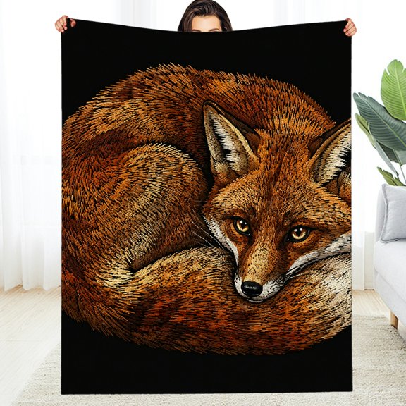 RKSupls  Fuzzy Bedding for the Couch, Embroidered Fox Curled Black Soft Flannel Fleece Blanket - Machine Washable Tear-Resistant Soft Throw for Couch, Travel, Camping