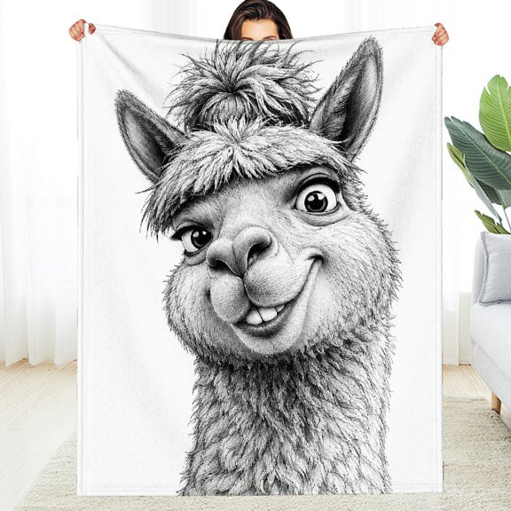 RKSupls  Fuzzy Bedding for the Couch, Sketch Alpaca Winking Smile  Decorative Blanket - All-Season Comfort Tear-Resistant Soft Throw for Couch, Travel, Camping