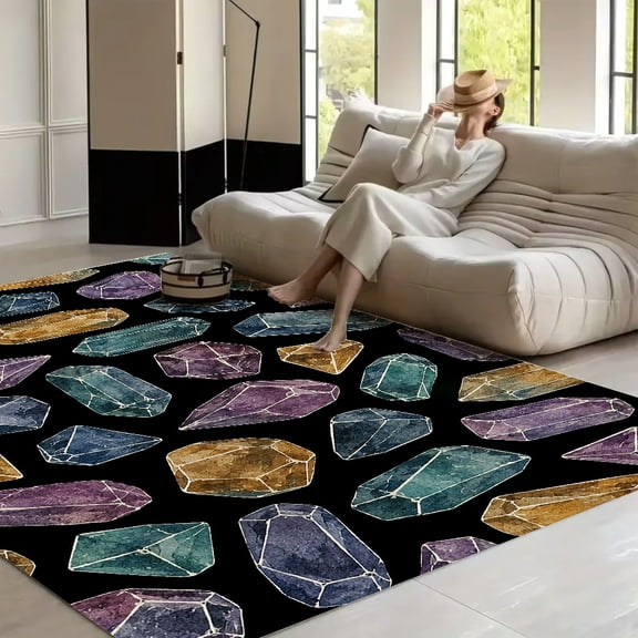 RKSupls Gemstone Crystal Black Pattern Soft Fluffy Velvet Area Rug for Living Room Bedroom, Non-Slip Washable Carpet, Modern Minimalist Home Decor Floor Mat