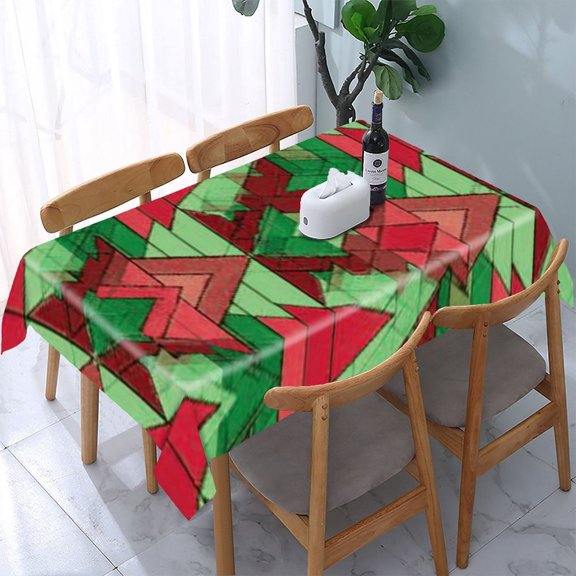 RKSupls Geometric Pattern Red Green Rectangle Dining Tablecloth, Washable Wipeable Stain & Wrinkle Resistant Polyester Tablecloth for Kitchen Picnic Party