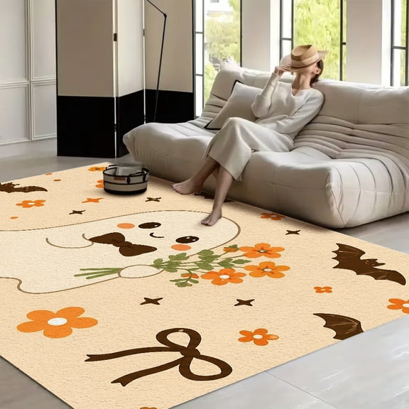 RKSupls Ghost Flowers Bow Autumn Halloween Soft Fluffy Velvet Area Rug for Living Room Bedroom, Non-Slip Washable Carpet, Chic Minimalist Home Decor