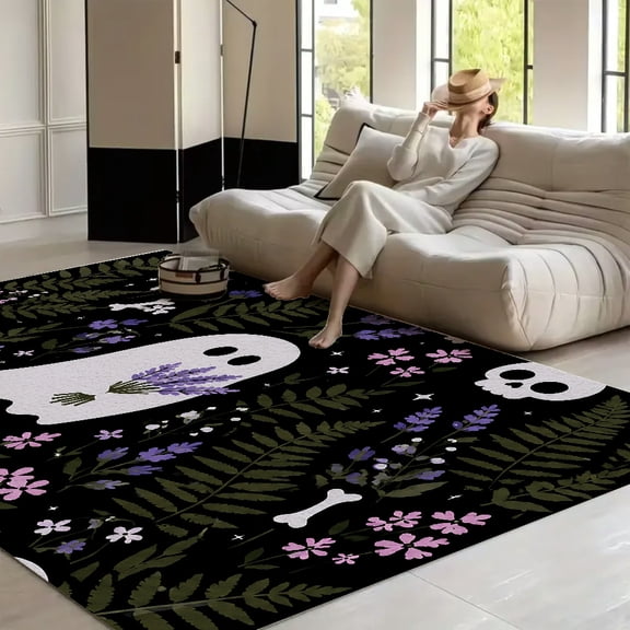 RKSupls Ghost Lavender Skulls Pattern Soft Fluffy Velvet Area Rug for Living Room Bedroom, Non-Slip Washable Carpet, Modern Minimalist Home Decor Floor Mat