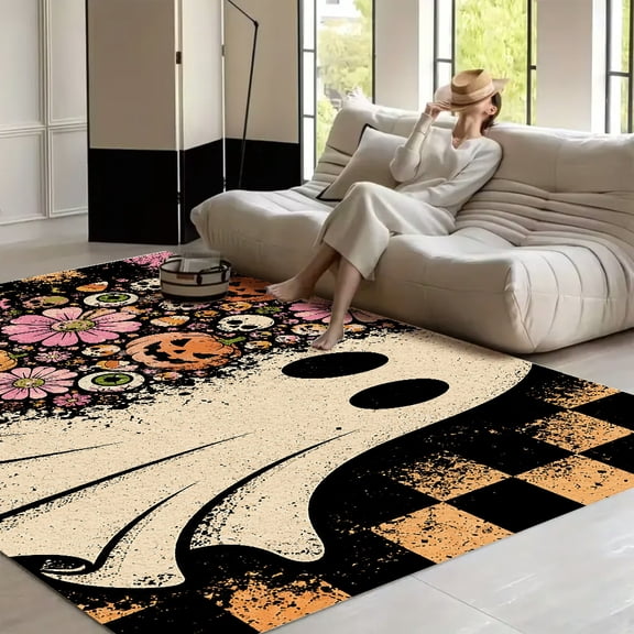 RKSupls Ghost Pumpkin Skull Floral Halloween Checkered Soft Fluffy Velvet Area Rug for Living Room Bedroom, Non-Slip Washable Carpet, Chic Minimalist Home Decor