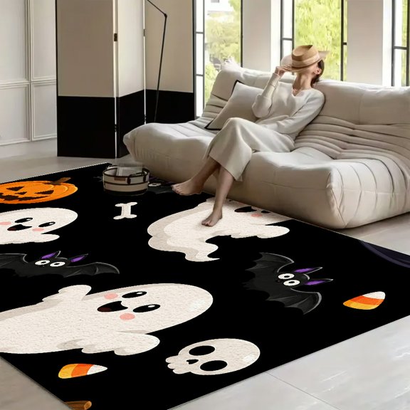 RKSupls Ghosts Bats Pumpkins Halloween Pattern Soft Fluffy Velvet Area Rug for Living Room Bedroom, Non-Slip Washable Carpet, Chic Minimalist Home Decor