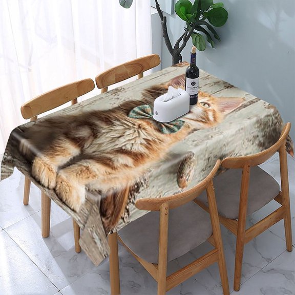 RKSupls Ginger Cat Bowtie Rectangle Dining Tablecloth, Washable Wipeable Stain & Wrinkle Resistant Polyester Tablecloth for Kitchen Picnic Party