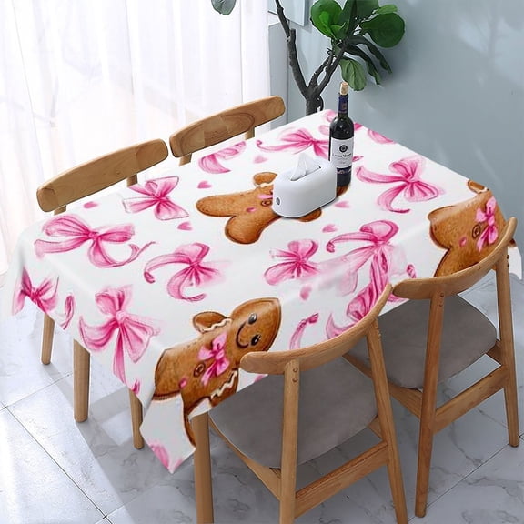 RKSupls Gingerbread Pink Bows Rectangle Dining Tablecloth, Washable Wipeable Stain & Wrinkle Resistant Polyester Tablecloth for Kitchen Picnic Party